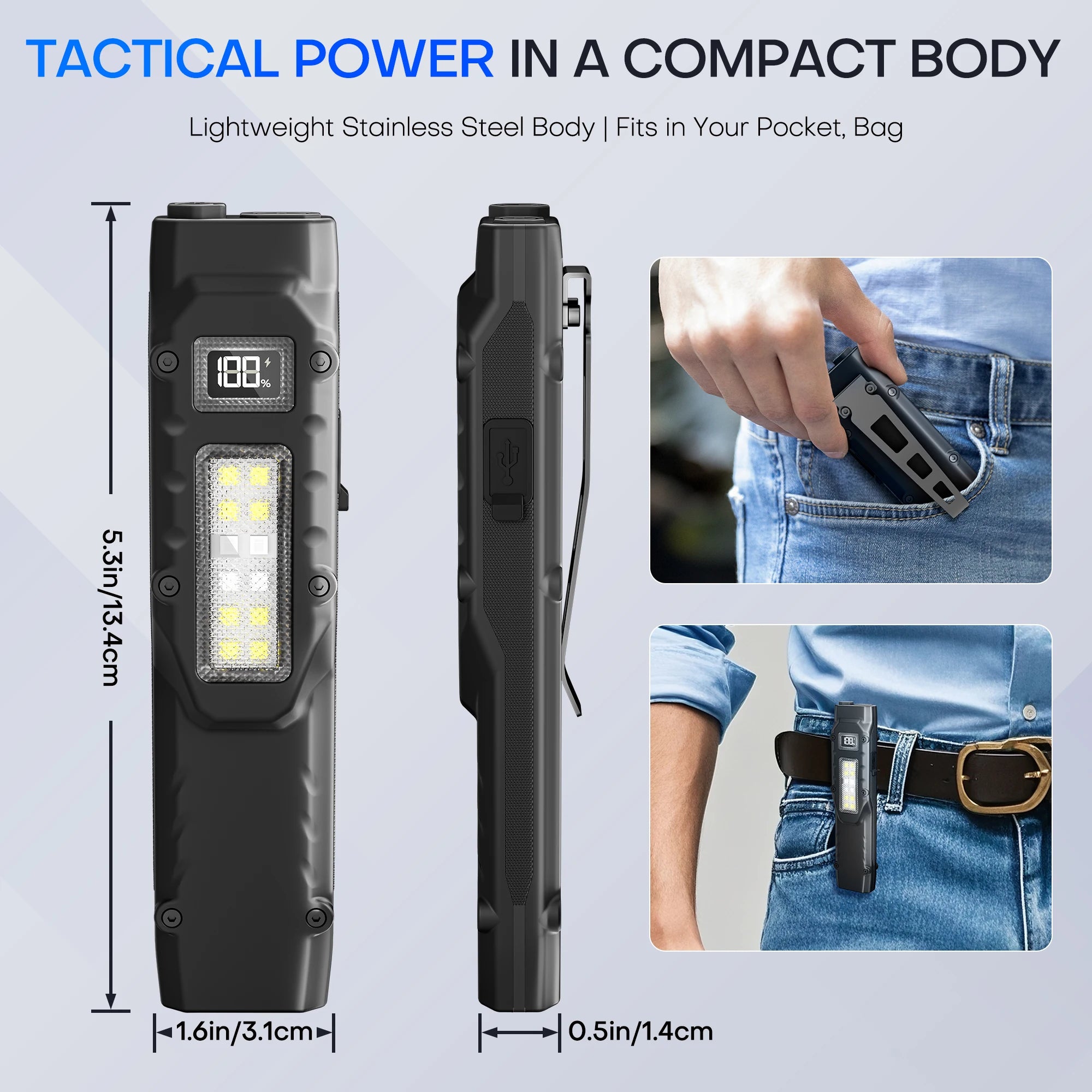 PASIION EDC Tactical Flashlight — Dual-Switch, Digital Display | Flat Pocket Light