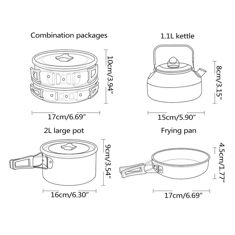 3-Piece Camping Cookware Set - Pot, Pan & Teapot with Bag