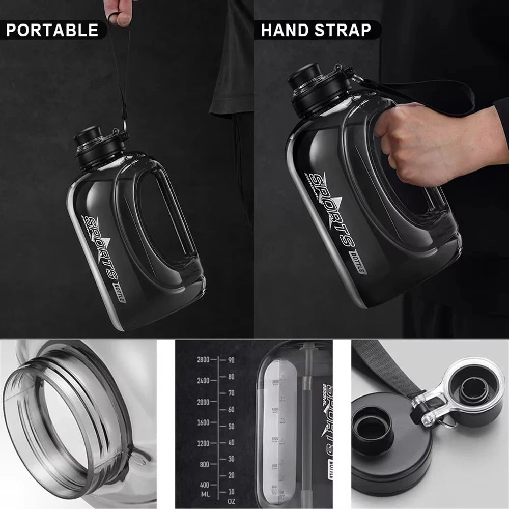 Large Capacity Sport Water Bottle with Straw & Strap – BPA-Free, 1.8L / 2.8L