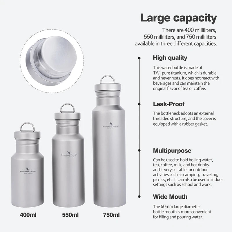 Boundless Voyage Titanium Water Bottle – Wide Mouth, Leak-Proof, Lightweight