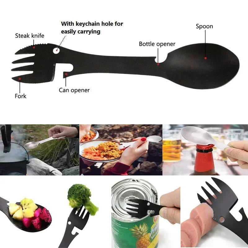 5 in 1 Camping Multi-functional Utensil - Fork, Knife, Spoon, Bottle/Can Opener