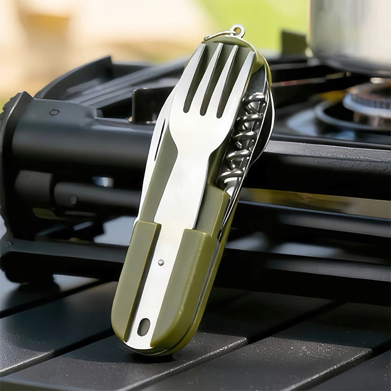 7-in-1 Stainless Steel Camping Cutlery Set — Foldable Fork, Spoon, Knife & Bottle Opener