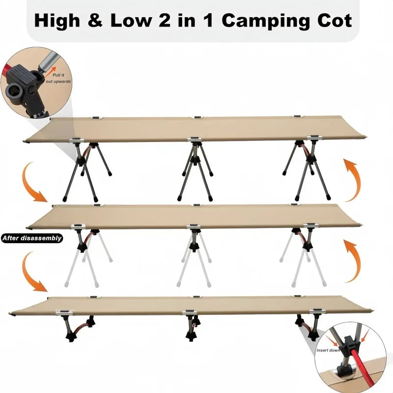 Portable Folding Camp Cot — Lightweight Aluminum, 330 lb Capacity, High & Low Positions