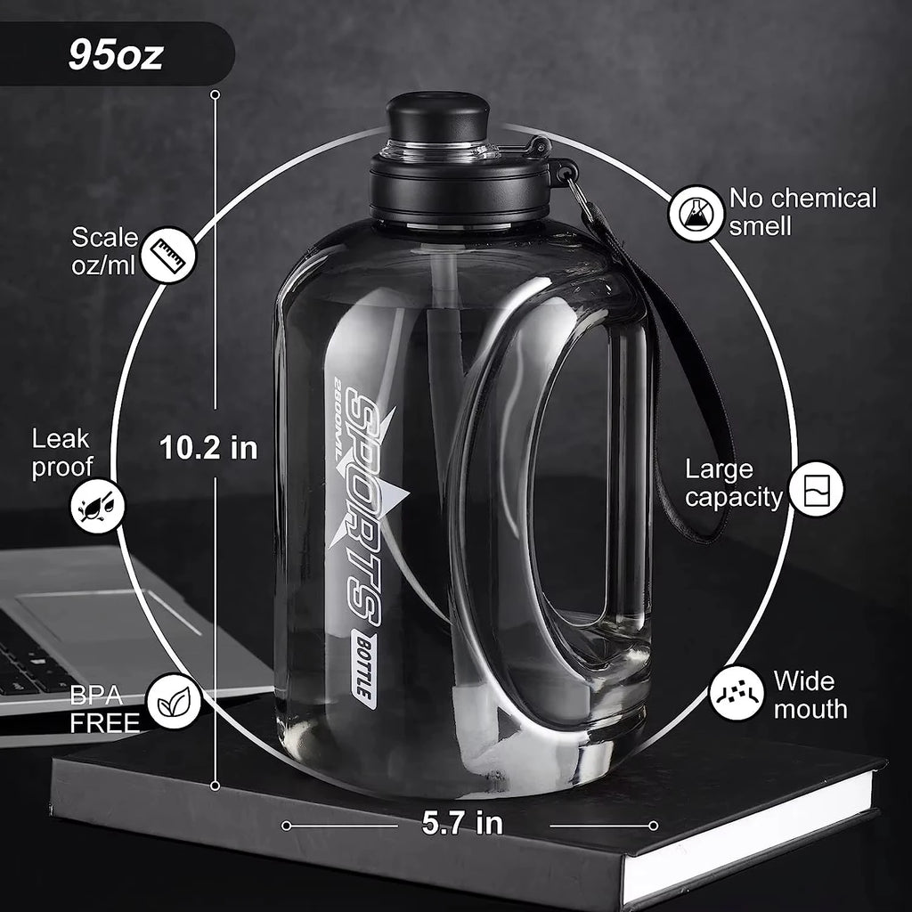 Large Capacity Sport Water Bottle with Straw & Strap – BPA-Free, 1.8L / 2.8L