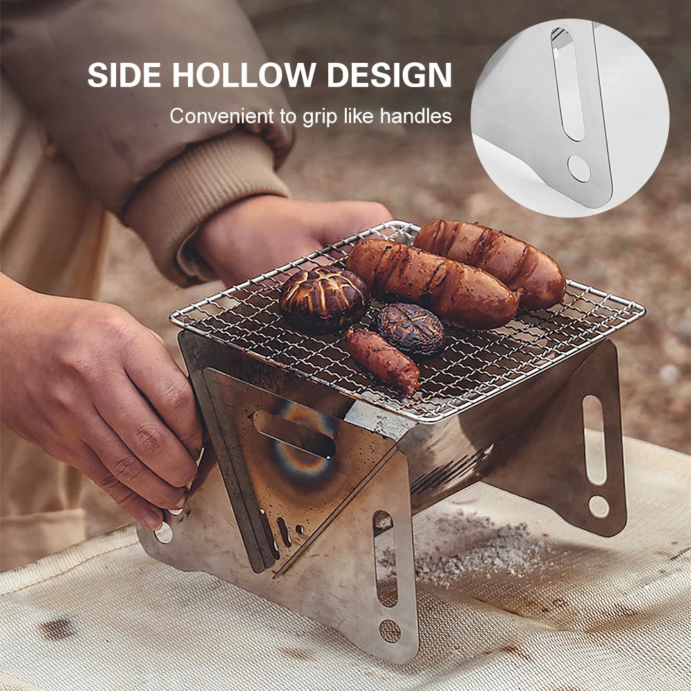 Folding Wood Burning Camp Stove with Grill Plate – Portable Stainless Steel Backpacking Stove