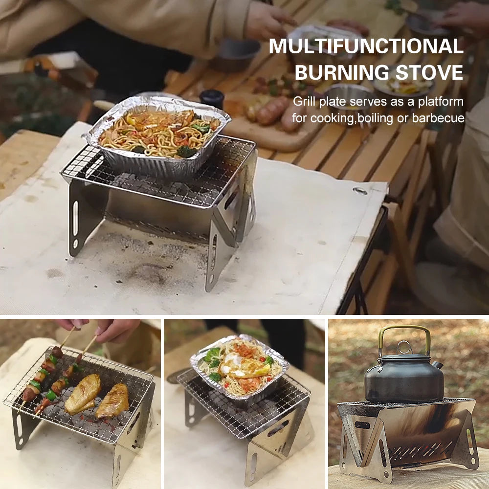 Folding Wood Burning Camp Stove with Grill Plate – Portable Stainless Steel Backpacking Stove