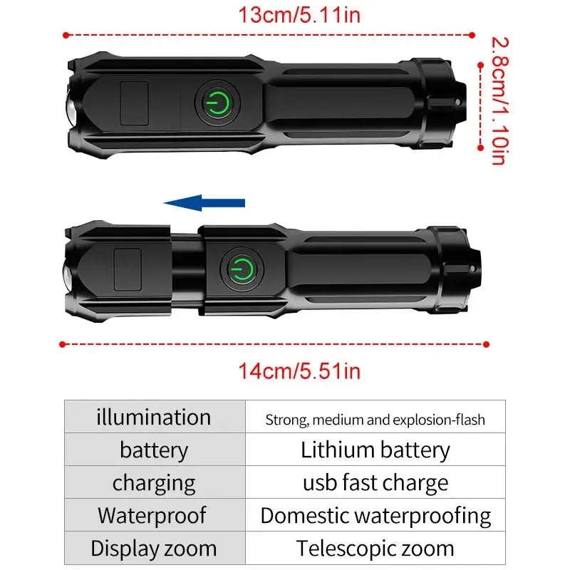 F15-T Tactical LED Flashlight — USB Rechargeable, Zoomable & Waterproof