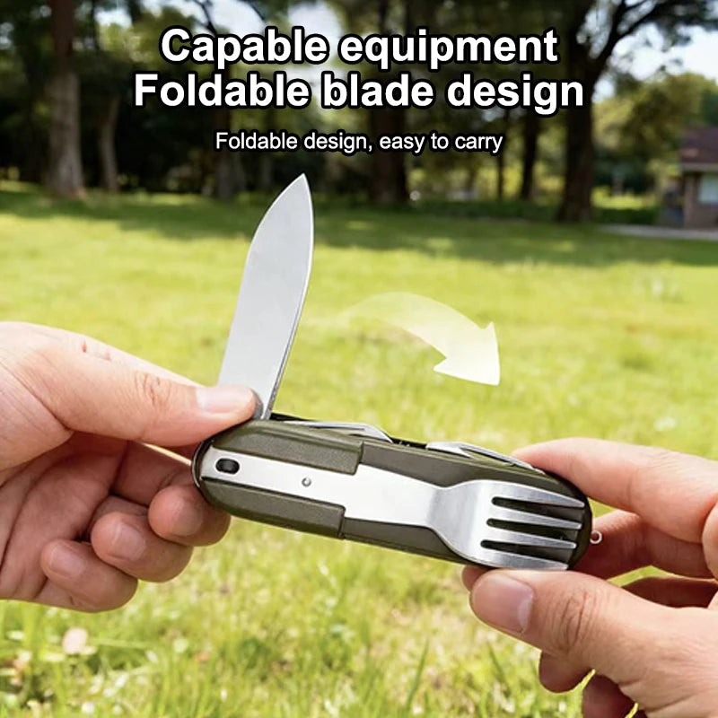 7-in-1 Stainless Steel Camping Cutlery Set — Foldable Fork, Spoon, Knife & Bottle Opener