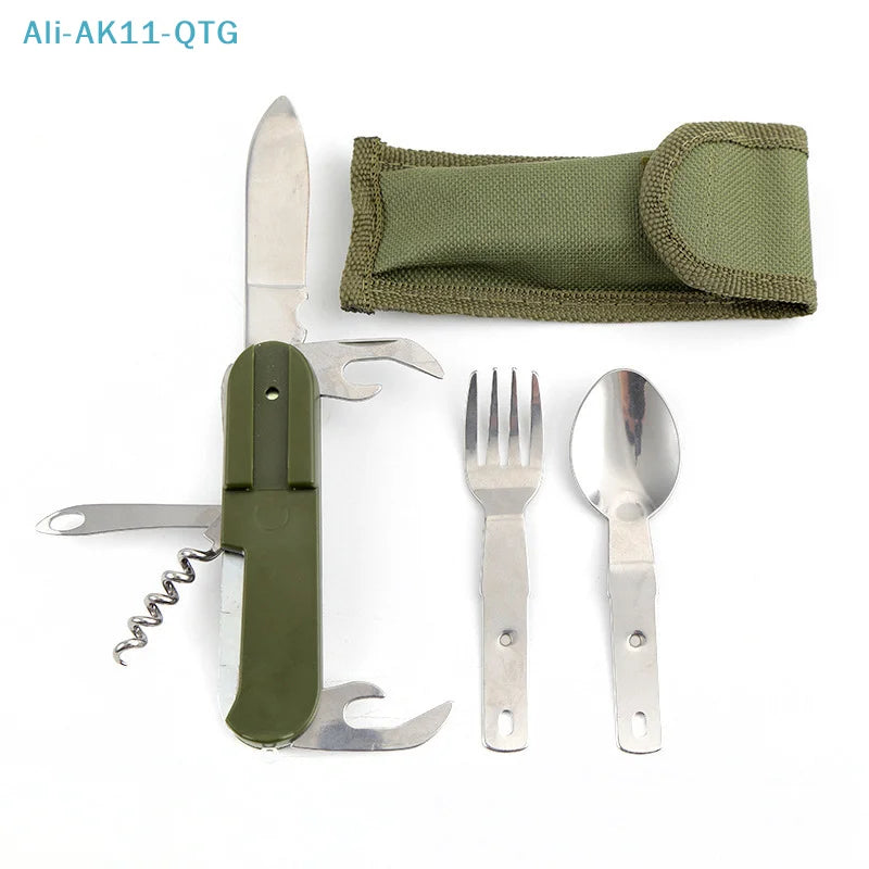 7-in-1 Stainless Steel Camping Cutlery Set — Foldable Fork, Spoon, Knife & Bottle Opener
