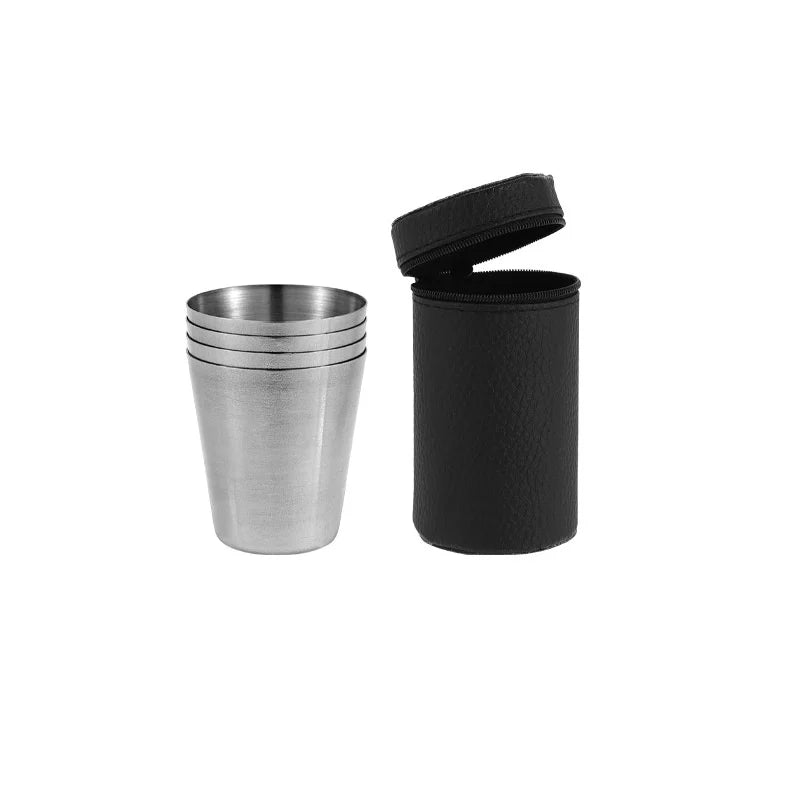 Stainless Steel Mini Shot Glass Set – 4-Piece with Leather Case