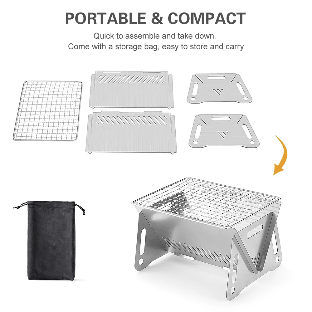 Folding Wood Burning Camp Stove with Grill Plate – Portable Stainless Steel Backpacking Stove