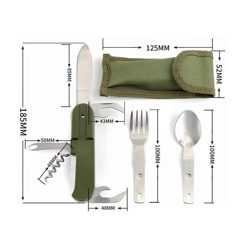 7-in-1 Stainless Steel Camping Cutlery Set — Foldable Fork, Spoon, Knife & Bottle Opener
