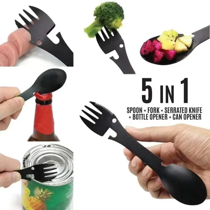 5 in 1 Camping Multi-functional Utensil - Fork, Knife, Spoon, Bottle/Can Opener
