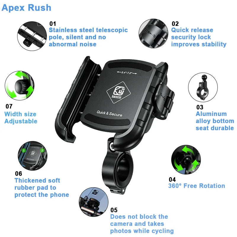 Apex Rush Aluminum Motorcycle Phone Mount - 1-Second Lock System
