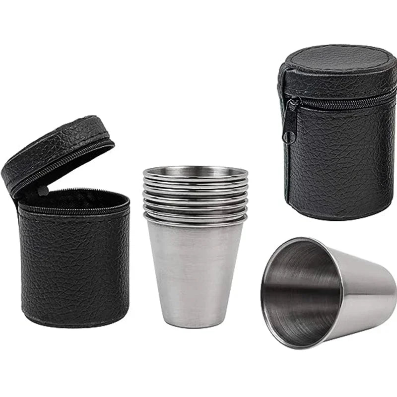 Stainless Steel Mini Shot Glass Set – 4-Piece with Leather Case