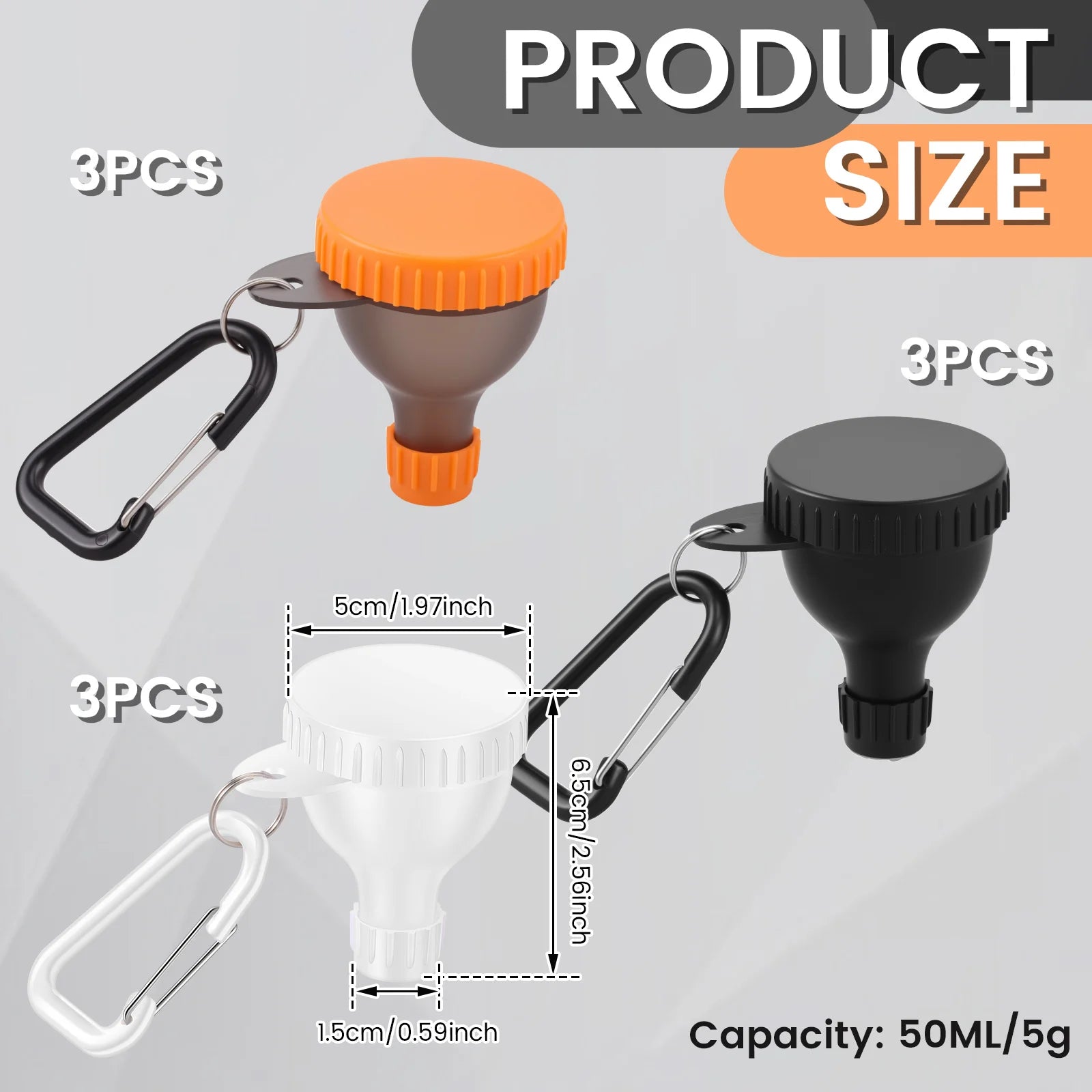 9Pcs Protein Powder Funnel Set 50ml Portable Mini Protein Powder Bottle Carabiner & Reinforced Cap for Workout Fitness Traveling