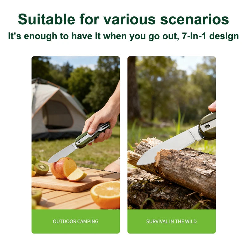 7-in-1 Stainless Steel Camping Cutlery Set — Foldable Fork, Spoon, Knife & Bottle Opener