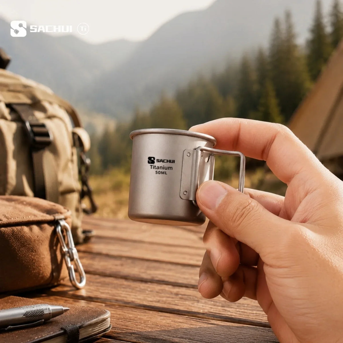 Mini Titanium Camping Cup with Folding Handle