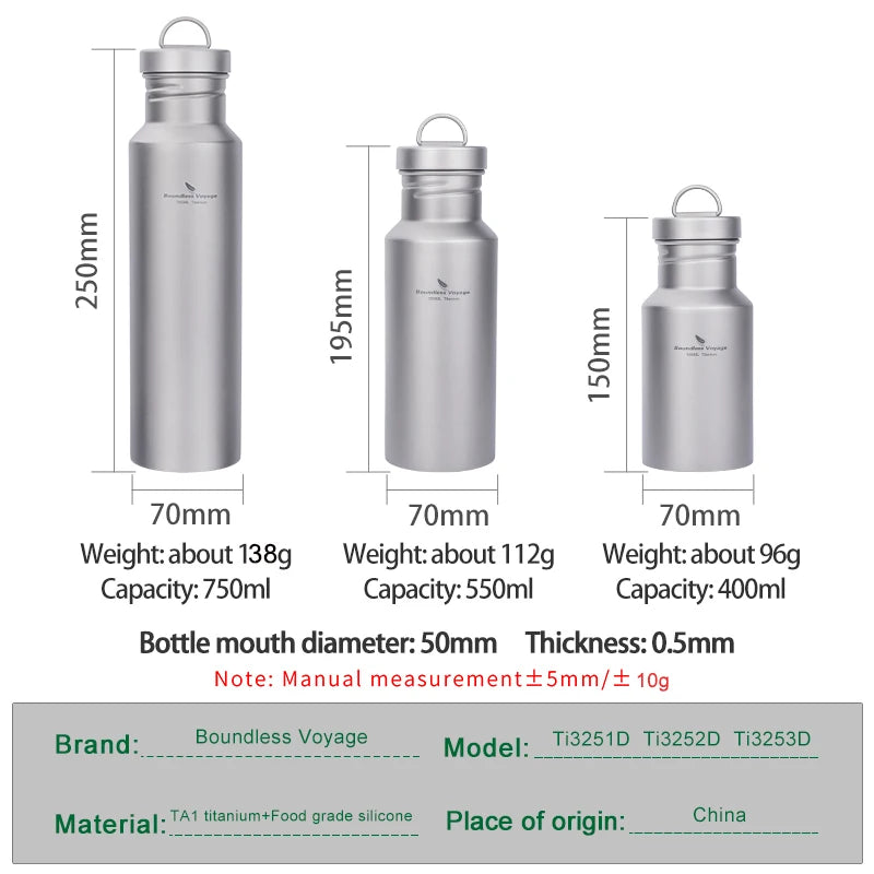 Boundless Voyage Titanium Water Bottle – Wide Mouth, Leak-Proof, Lightweight